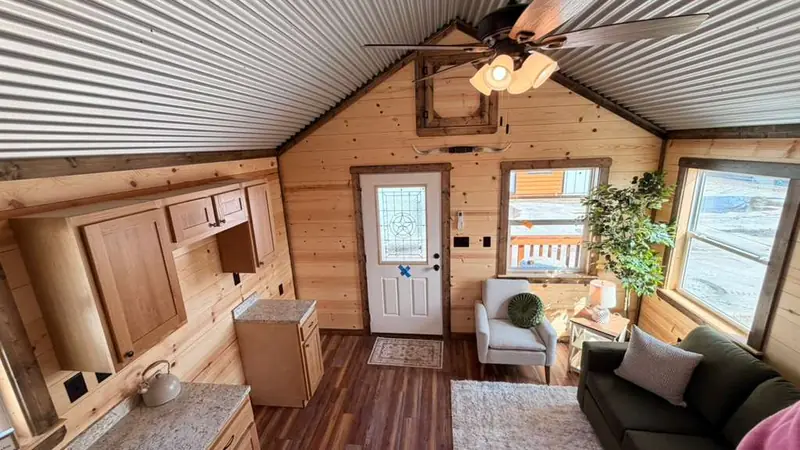 14x28 Tiny Home &ndash; Model 1219, living room and kitchen