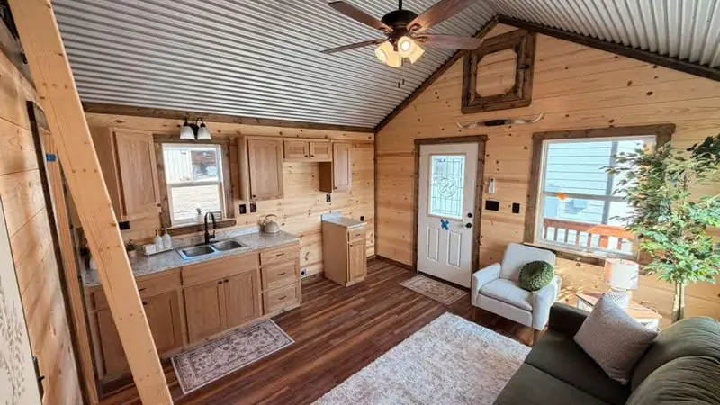 14x28 Tiny Home &ndash; Model 1219, kitchen and loft ladder