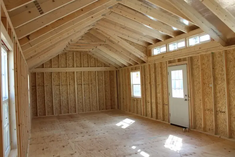 16x36 Dormer Cabin Shell, inside the shell, wide view