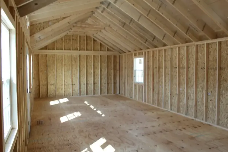 16x36 Dormer Cabin Shell, inside the shell, open gable