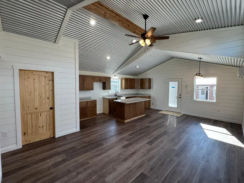 20x48 Tiny Home – Model 6327, great room toward the kitchen