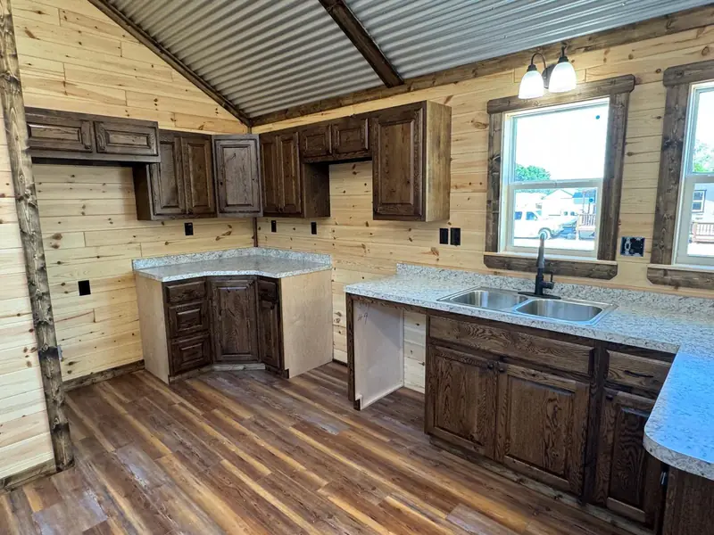 16x44 Tiny Home &ndash; Model 6928, kitchen corner with double sink