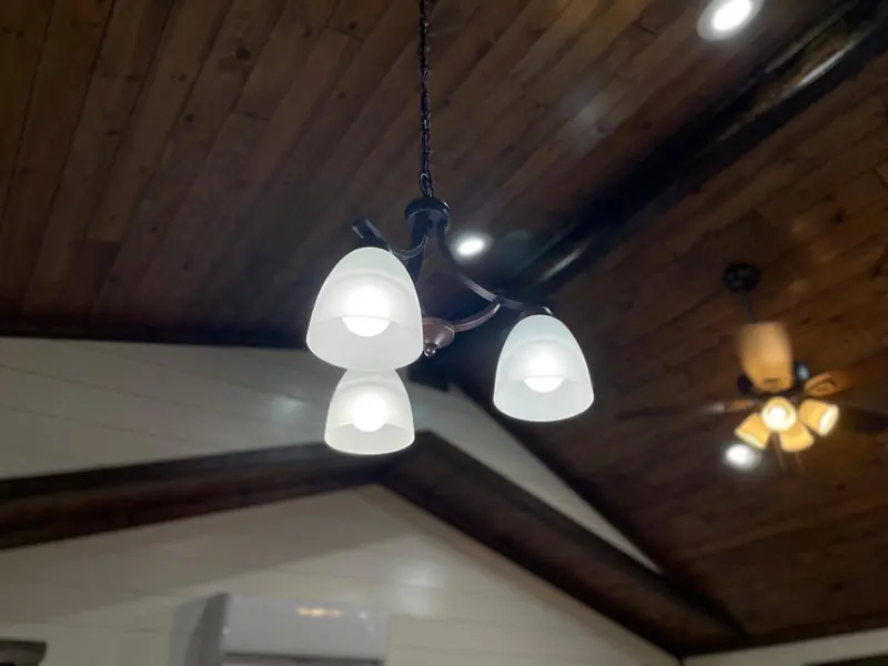 18x48 Tiny Home &ndash; Model 8068, wood ceiling with chandelier