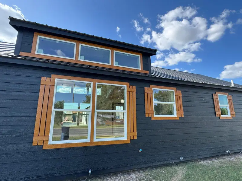 18x54 Tiny Home &ndash; Model 8530, dormer and cedar-trimmed windows