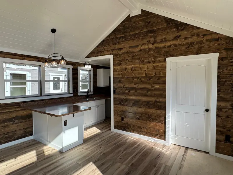 16x38 Tiny Home – Model 9487, kitchen island and front door