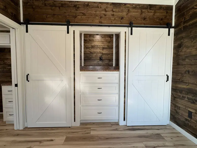 16x38 Tiny Home &ndash; Model 9487, barn door closets, closer