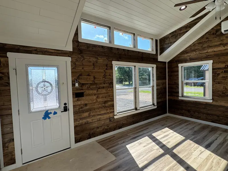16x38 Tiny Home – Model 9487, front door with star glass